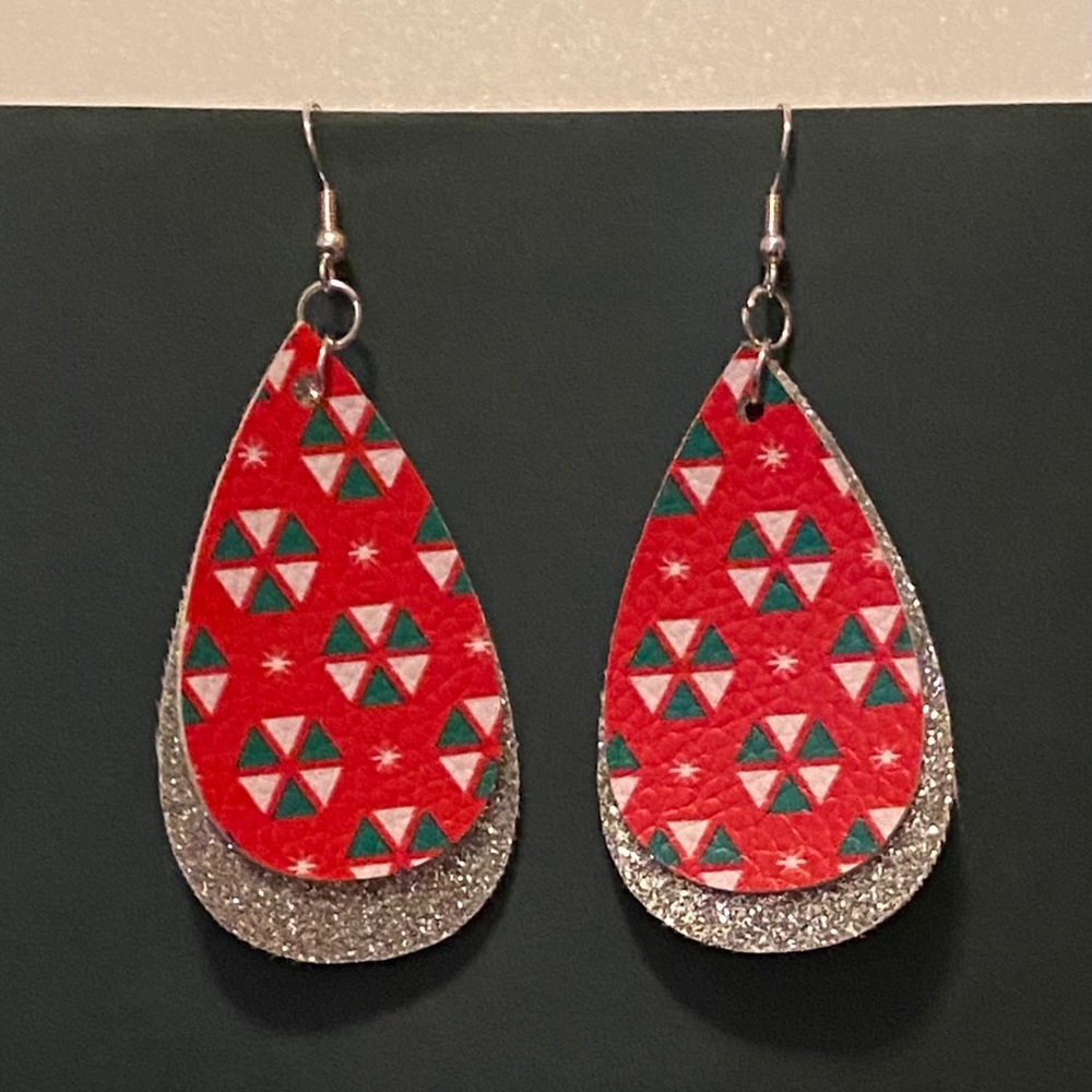 Handmade Faux Leather Earrings- Silver Sparkle&Red